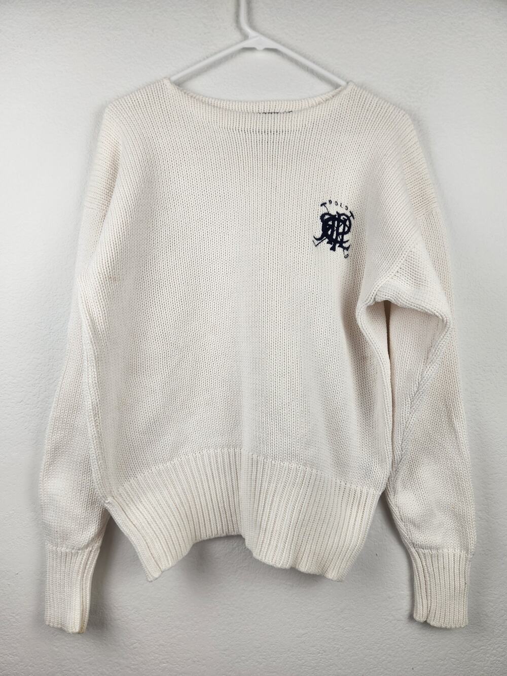 Vintage Polo Ralph Lauren Cream Sweater Men Small Crew Neck Logo Long Sleeve